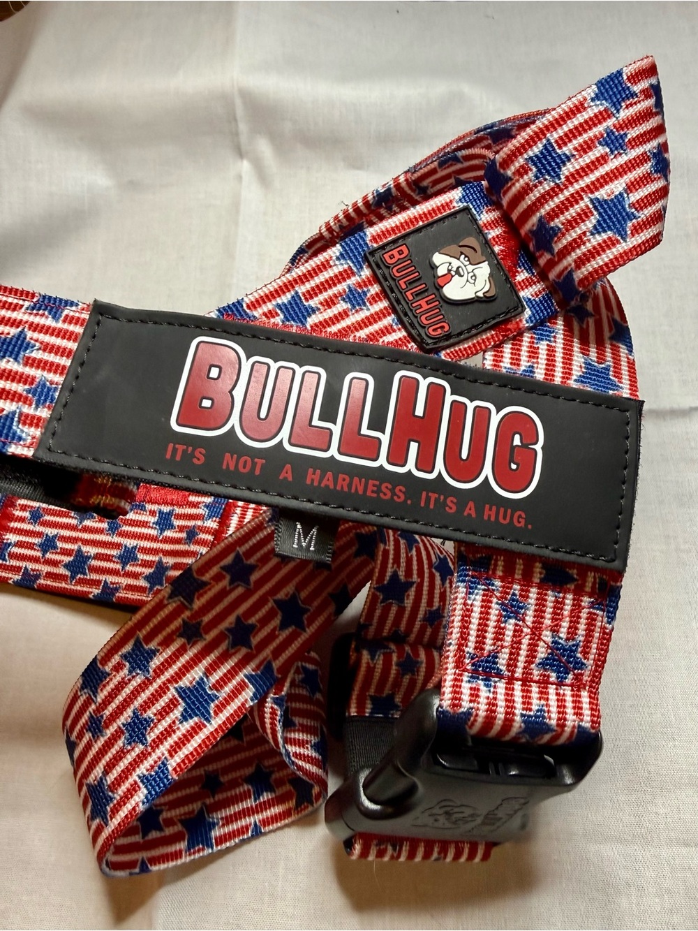 BullHug- Red, White & Blue Star Dog Harness - Medium 24-29” adjustable/durable